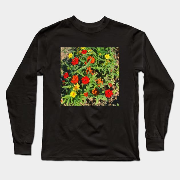 Pretty Red Orange and yellow Flowers with green leaves nature lovers beautiful photography design Long Sleeve T-Shirt by BoogieCreates